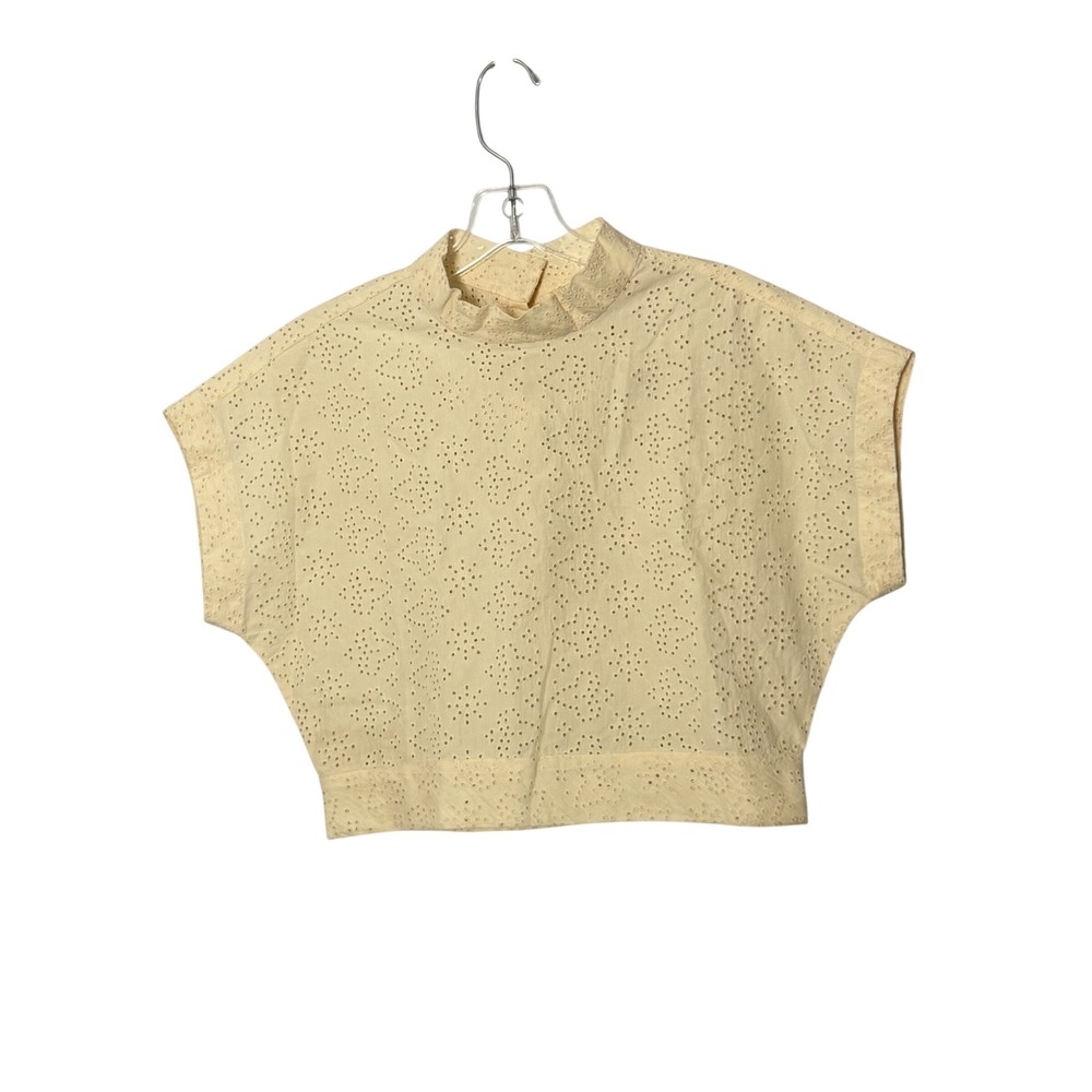 Mirth Eyelet Cotton Mock Neck Top Cream Cropped Short Sleeve - XSmall